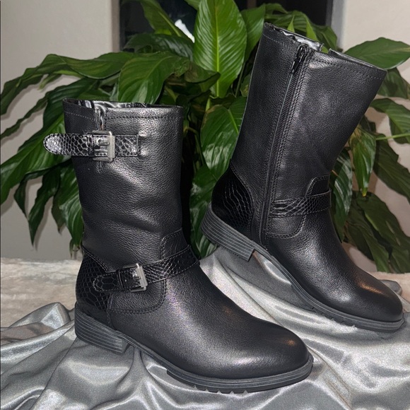 Naturalizer Black Leather Mid-Calf Side Zip Moto Boots - Women's Size 7M - Picture 4 of 15